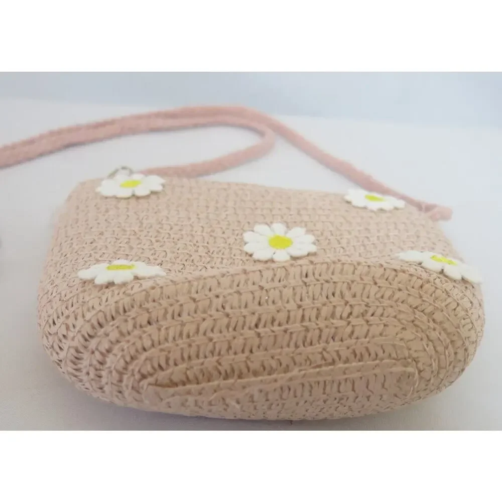 Woven Straw Crossbody Purse NWT Girls Mini Daisy Zipper Spring Easter Pink